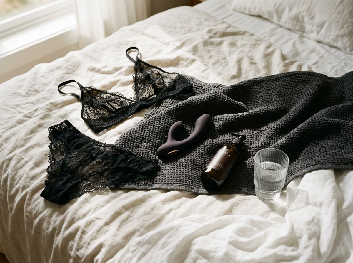 Towels, lube and water prepared on the bed